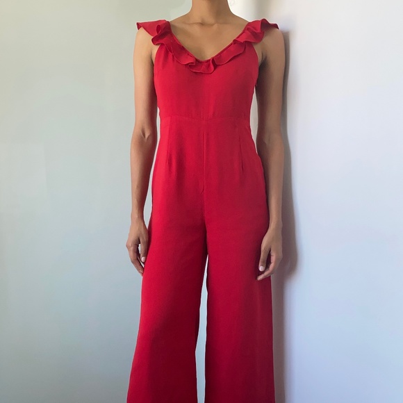POINTSETTIA RUFFLE FRONT JUMPSUIT, Line & Dot - Picture 1 of 7